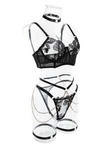 Bộ đồ lót gợi cảm thêu kim loại 5 món/bộ kèm vòng chân, vòng cổ và corset, màu đen - màu đen - Xem 9