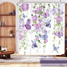 Cortina de ducha con estampado de mariposa - Morado - Ver 1