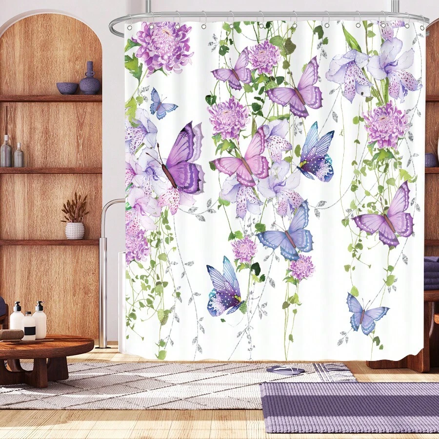 Cortina de ducha con estampado de mariposa - Morado - Ver 1