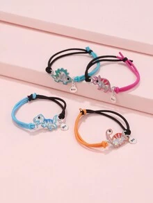 4 件組女孩卡通動物吊墜彈性繩手鍊帶貓、恐龍、蠑螈和獨角獸圖案 - 軍綠色 - 查看 4