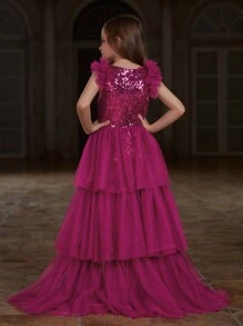 Tween Girl Sparkly Dress With Layered Tulle Hem And Ruffled Lace Decoration - Hot Pink - View 3
