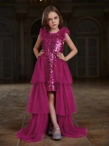 Tween Girl Sparkly Dress With Layered Tulle Hem And Ruffled Lace Decoration - Hot Pink - View 2