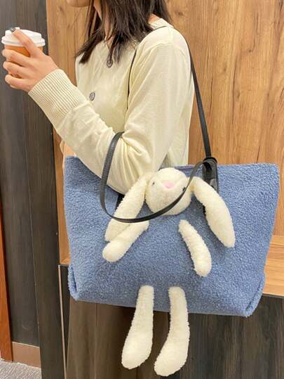 Cute Rabbit Decoration Women's Shoulder Bag, For Shopping, Traveling, Graceful, Large Capacity