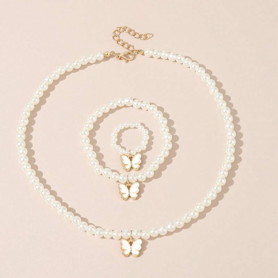 兒童珠寶套裝,蝴蝶吊墜珍珠項鍊,手鍊,戒指 3入組 - 白色 - 查看 1