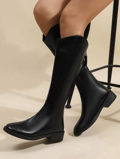 Elastische Kniehohe Damenstiefel Aus Pu-leder Mit Runder Spitze, Klobigen Absätzen, V-schnitt-design Und Reißverschluss Hinten