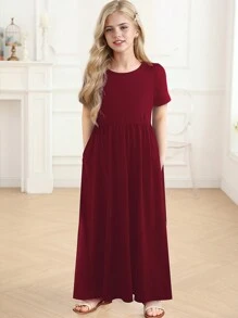 青少女實色隱藏口袋捷克風散摺連衣裙 - 酒紅色 - 查看 1