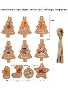 50入組聖誕節禮品盒裝飾標籤,附帶麻繩,聖誕樹和聖誕老人卡片,聖誕節裝飾用品 - 彩色 - 查看 4