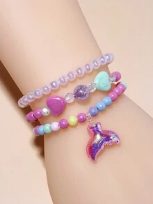 3pcs/set Cute Mermaid Tail Charm & Charm Beaded Bracelet For Girls, Suitable For All Seasons And Daily Wear, Color Random - Multicolor - View 2