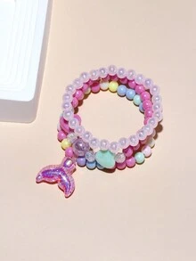 3pcs/set Cute Mermaid Tail Charm & Charm Beaded Bracelet For Girls, Suitable For All Seasons And Daily Wear, Color Random - Multicolor - View 4