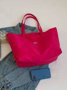 1pc Fashionable Solid Color & Simple Style Shoulder Tote Bag With Large Capacity, School Bag, Large Capacity, Portable, For Teen Girls Women College Students, White-Collar Workers, Perfect For Work, Back To School, Fashionable Tote Bag With Zipper, School Supplies, School Handbag, School Tote Bag, School Bookbag, Back To School Bags, Waterproof, Lightweight, Foldable, Classic Casual, Suitable For Teen Girls Women College Students, Perfect For Back To School, First Day Of School - Hot Pink - View 6