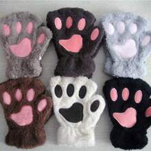 COOLERFIRE 1pc Fashionable Plush Cute Warm Cat Paw Gloves For Girls In Winter, Cartoon Thick Gloves For Students - White - View 3