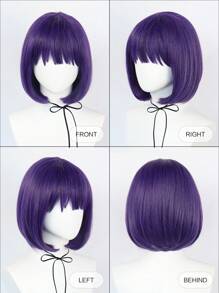 合成紫色短鲍勃角色扮演假发，带刘海，适合万圣节派对服装假发，短直紫色假发，女士无胶耐热纤维替换发，适合感恩节圣诞节礼物，基本款新款角色扮演女性服装配饰 - 紫色 - 查看 7