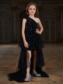 青少女一字肩無袖亮片蕾絲分層裙裝,鑲有閃亮亮片 - 黑色 - 查看 1