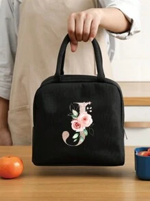 Thermal Bag Insulated Lunch Bag For Women And Men School Cooler Handbags Lunch Box Ice Pack Picnic Food Tote Name Initials  Lettern Pattern,Flower Letter Pattern Lunch Box, Canvas Lightweight Portable Lunch Storage Bag, School Office Picnic Lunch Handbag - Black - View 1