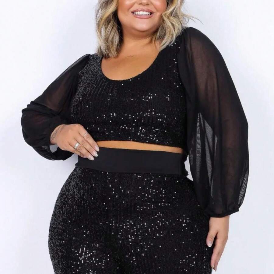 CROPPED DE PAÊTE COM MANGA DE TULE - Preto - Visão 1