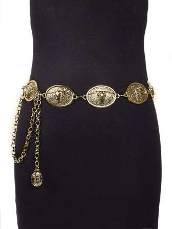 1 pieza Cinturón de mujer vintage de metal pesado con decoración de cabeza de toro tallada en aleación, estilo bohemio, para Halloween, verano, escuela, otoño, Halloween