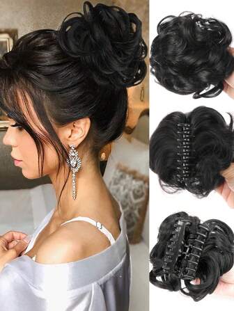 Hair Bun Extensions For Women, Claw Clip Messy Bun Hairpiece Wavy Curly Messy Black Hair Bun Clip in Claw Chignon Ponytail Hairpieces Synthetic Hair Bun Scrunchie for Women Girls