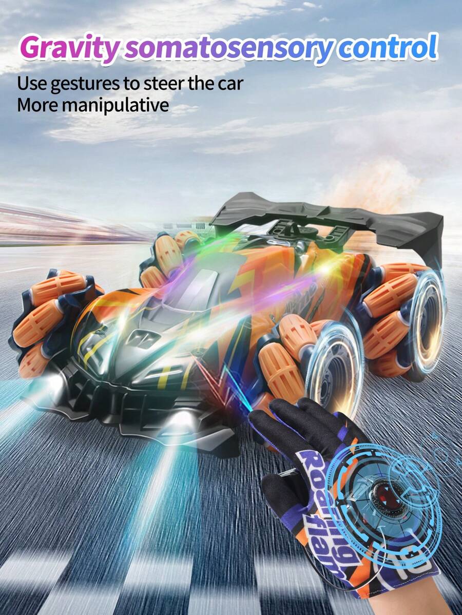 1入橙色變形rc車,手勢控制四輪驅動漂移特技車,帶扭曲越野軌道,重力感測手錶,輕音樂,生日聖誕派對玩具禮物,彩盒包裝