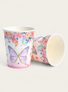 10 个 9 盎司蝴蝶纸杯，粉色花卉蝴蝶派对杯客人一次性纸杯彩色花园春夏花朵和蝴蝶婚礼生日节日装饰派对用品派对纸杯返校情人节