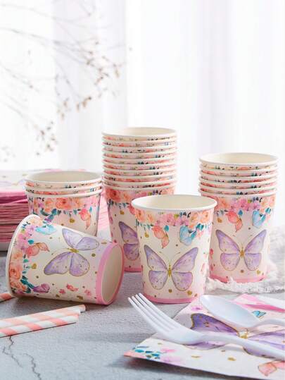 10 个 9 盎司蝴蝶纸杯，粉色花卉蝴蝶派对杯客人一次性纸杯彩色花园春夏花朵和蝴蝶婚礼生日节日装饰派对用品派对纸杯返校情人节