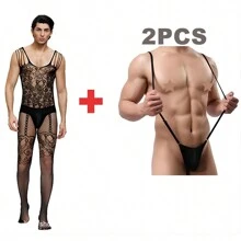 2pcs Sexy Tanga Lenceria Hombre Encaje Ropa Interior Suspensorio Corset - Negro - Ver 1
