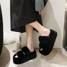 女士毛絨黑色拖鞋,可愛款式室內拖鞋,保暖厚底防水平台毛絨拖鞋