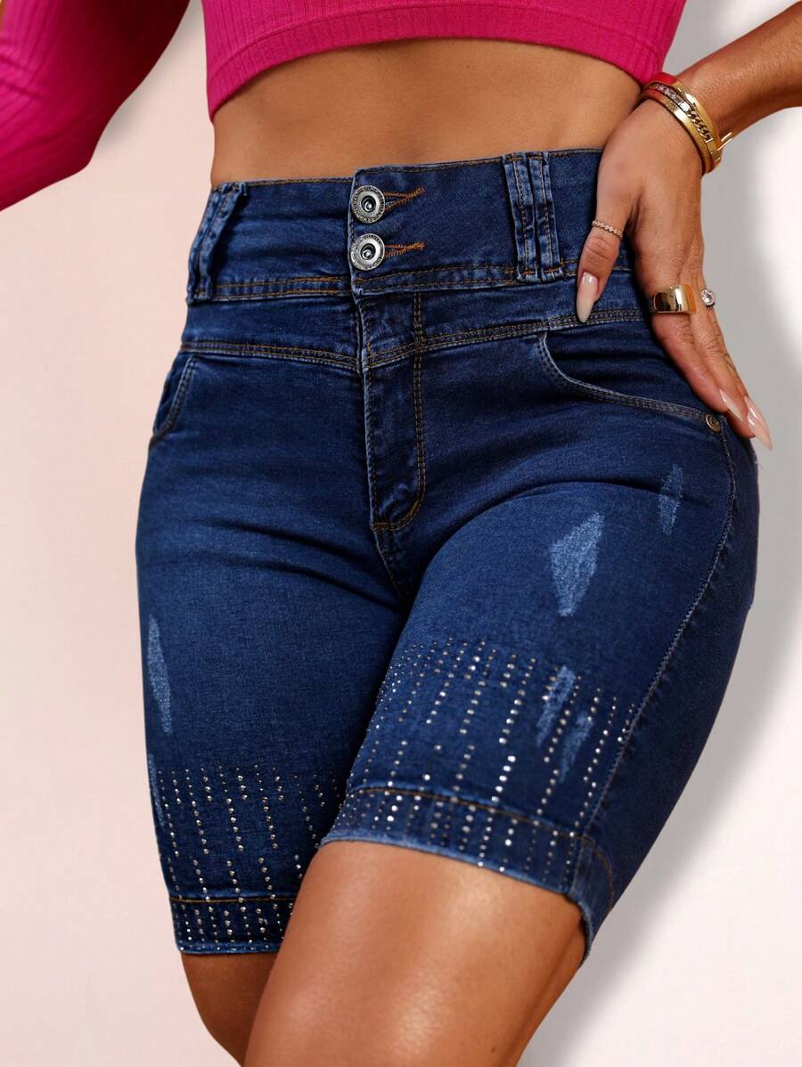 Women Denim Shorts - 深色水洗藍 - 查看 1