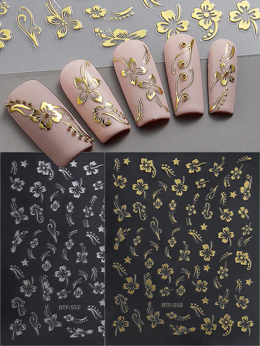 2片装全息芙蓉花美甲贴纸，金色粉色花瓣叶子滑贴，Y2K设计美甲装饰，送给女性朋友的礼物，DIY美甲用品 - 彩色 - 查看 1