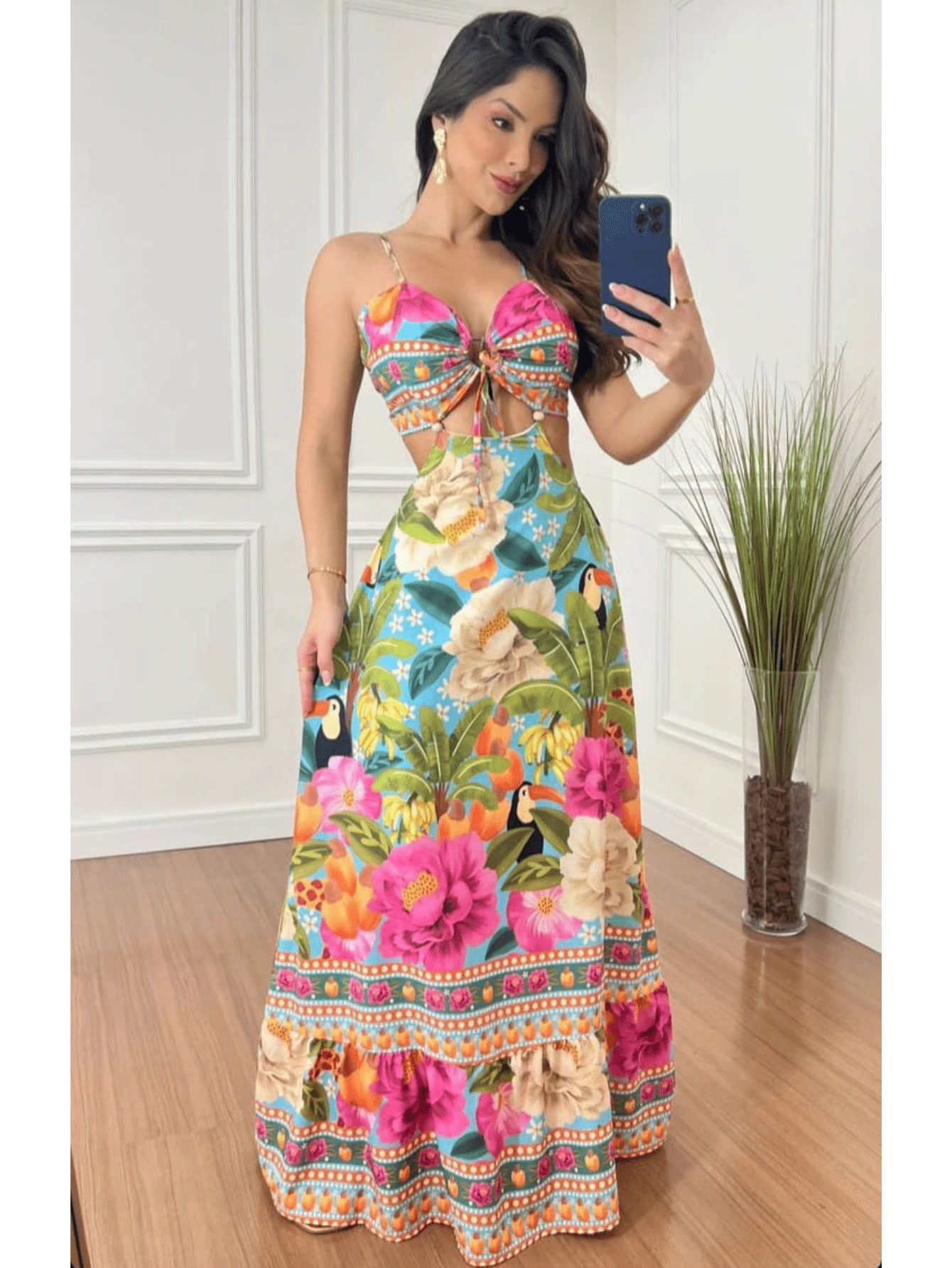 Vestido longo feminino estampada tropical floral verão vestido alça ...
