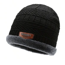 1pc Men's Thick Knitted Hat With Woolen Yarn, Suitable For Cold Weather - Black - View 1