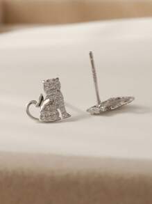 1對時尚極簡風925銀貓形狀耳釘帶鋯石,完美女士生日禮物