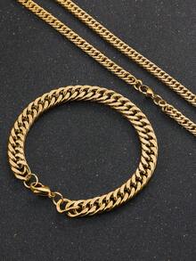 2pcs/set Men's Stainless Steel Necklace And Bracelet For Daily Wear - Yellow Gold - View 3