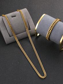 2pcs/set Men's Stainless Steel Necklace And Bracelet For Daily Wear - Yellow Gold - View 1