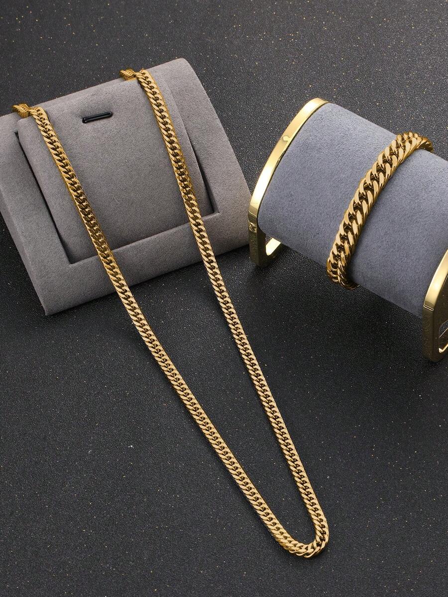 2pcs/set Men's Stainless Steel Necklace And Bracelet For Daily Wear - Yellow Gold - View 1