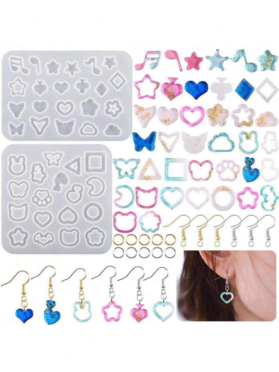 1 pieza Molde de silicona para hacer aretes colgantes con gota de cristal con lindo diseño de luna, estrella, gato y cabeza de conejo. Adecuado para hacer accesorios de joyería - transparente - Ver 1
