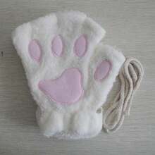 COOLERFIRE 1pc Fashionable Plush Cute Warm Cat Paw Gloves For Girls In Winter, Cartoon Thick Gloves For Students - White - View 1