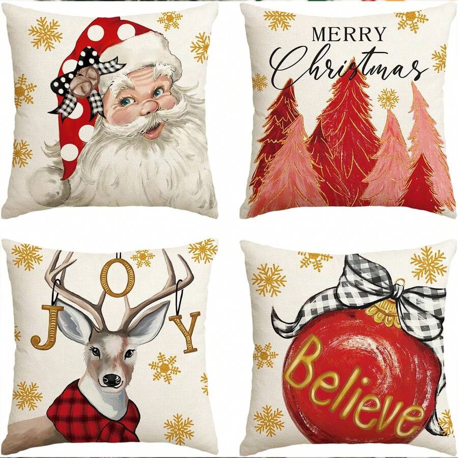 4pcs/set Christmas Santa Claus, Reindeer, Snowflake, Bell And Greeting Pattern Printed Polyester Pillow Covers, No Filling - Red - View 1
