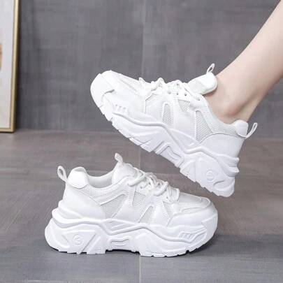 Women's Classic Lace-up Thick-soled Running Shoes For Road, Outdoor Sports, And Casual Wear, Breathable Mesh Design