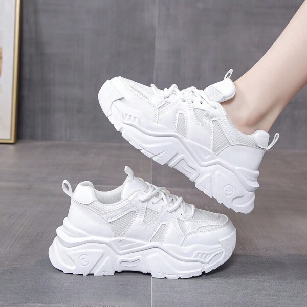 Women's Classic Lace-up Thick-soled Running Shoes For Road, Outdoor Sports, And Casual Wear, Breathable Mesh Design