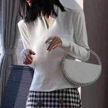 鑲嵌圓形鑽石晚宴包,時尚人造皮革手拿包,女士優雅手袋適用於派對、舞會、婚禮等場合 - 白色 - 查看 9