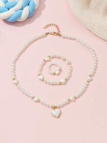 3pcs/Set Girls Pearl Beaded Oil Drop Heart Shaped Necklace, Bracelet And Ring Set - White - View 3