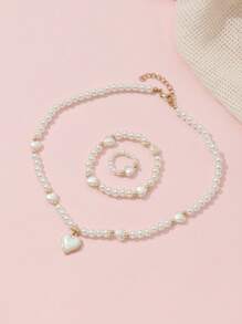 3pcs/Set Girls Pearl Beaded Oil Drop Heart Shaped Necklace, Bracelet And Ring Set - White - View 1