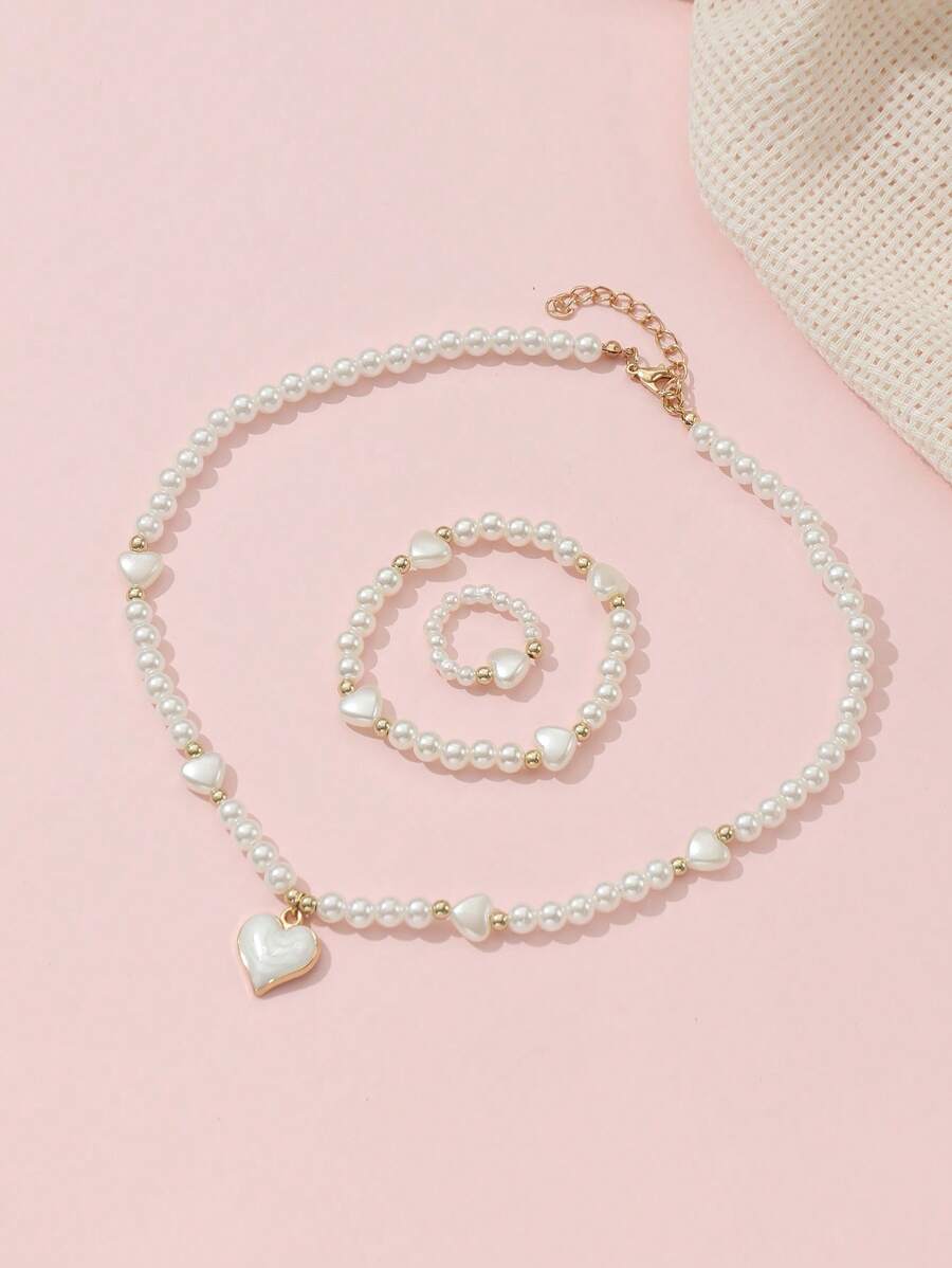 3pcs/Set Girls Pearl Beaded Oil Drop Heart Shaped Necklace, Bracelet And Ring Set - White - View 1