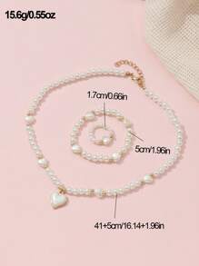 3pcs/Set Girls Pearl Beaded Oil Drop Heart Shaped Necklace, Bracelet And Ring Set - White - View 2