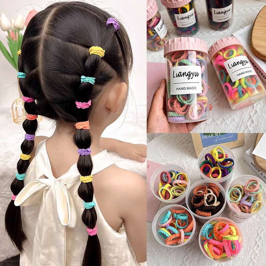 50入組兒童編織小鬆緊頭髮橡皮筋,可愛無害的髮圈,非常適合女孩的馬尾髮型 - 彩色 - 查看 1