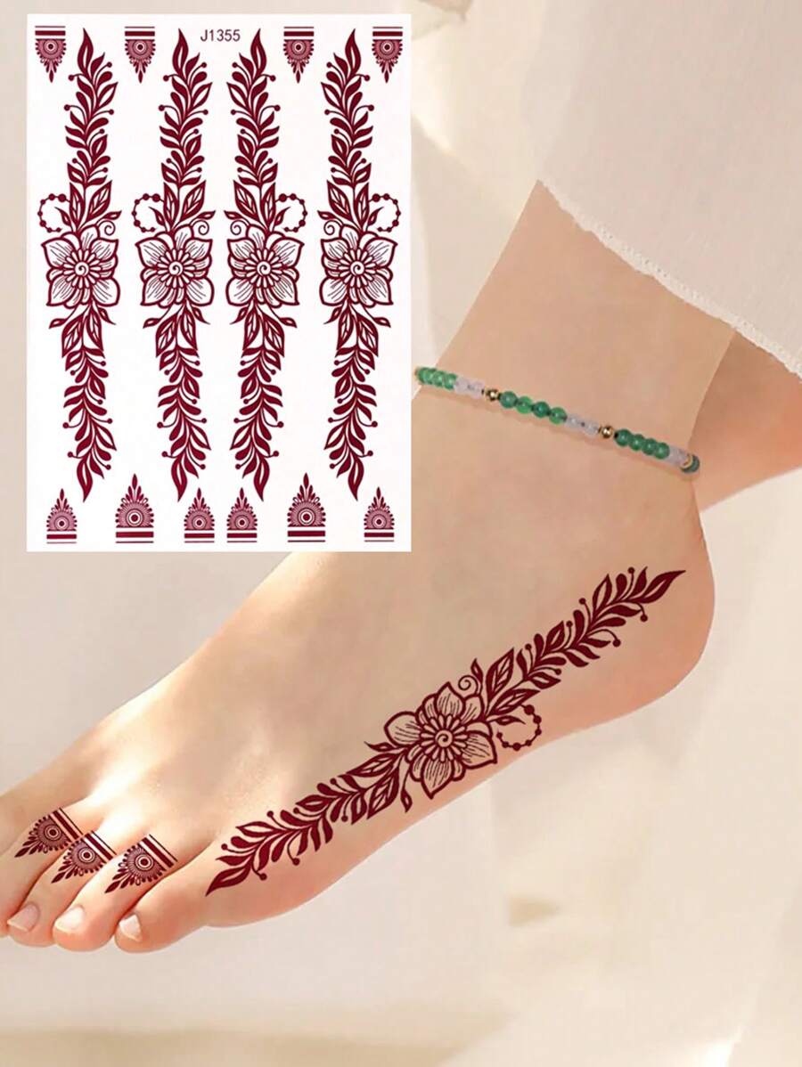 1 Sheet Flower Pattern Tattoo Sticker For Hand, Disposable Waterproof Temporary Tattoos Women, Brown Fake Tattoo For Foot, Body Sticker For Party & Festival & Holiday - Burgundy - View 1