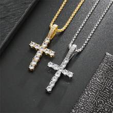 1pc Sparkly & Delicate Water Drop Rhinestone Inlaid Cross Pendant Necklace, Essential For Women's Parties And Banquets - Gold - View 2
