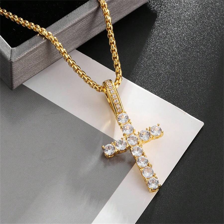 1pc Sparkly & Delicate Water Drop Rhinestone Inlaid Cross Pendant Necklace, Essential For Women's Parties And Banquets - Gold - View 1