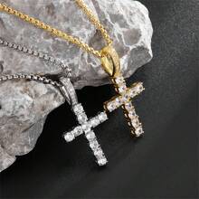 1pc Sparkly & Delicate Water Drop Rhinestone Inlaid Cross Pendant Necklace, Essential For Women's Parties And Banquets - Gold - View 5