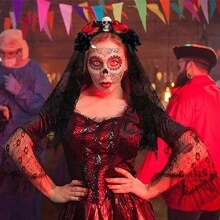 Flower Crown Headband, Day of the Dead Headpiece - Black - View 2